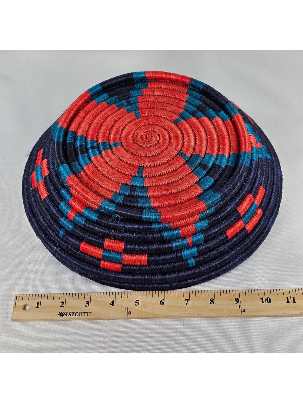 Handwoven Coiled Basket Bowl Navy Red Turquoise Geometric Decor Metal Handles